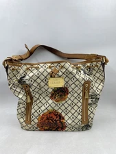 LAMB Women Beige Floral Canvas Brown Leather Bucket Drawstring Bag Gold Hardware