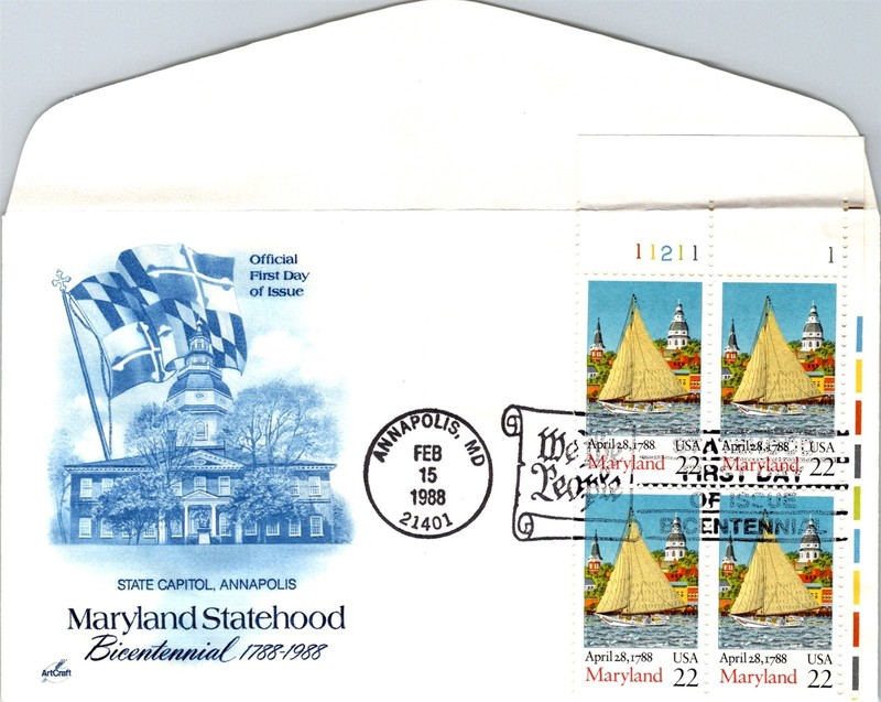 S09-6236, MARYLAND STATEHOOD BICENT., PLATE NUMBER BLOCK, ARTCRAFT FDC
