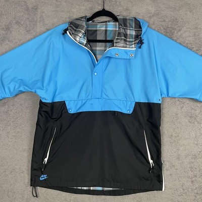 Nike Jacket Mens Large Blue Plaid Reversible Hooded Anorak Zip Pullover 429965