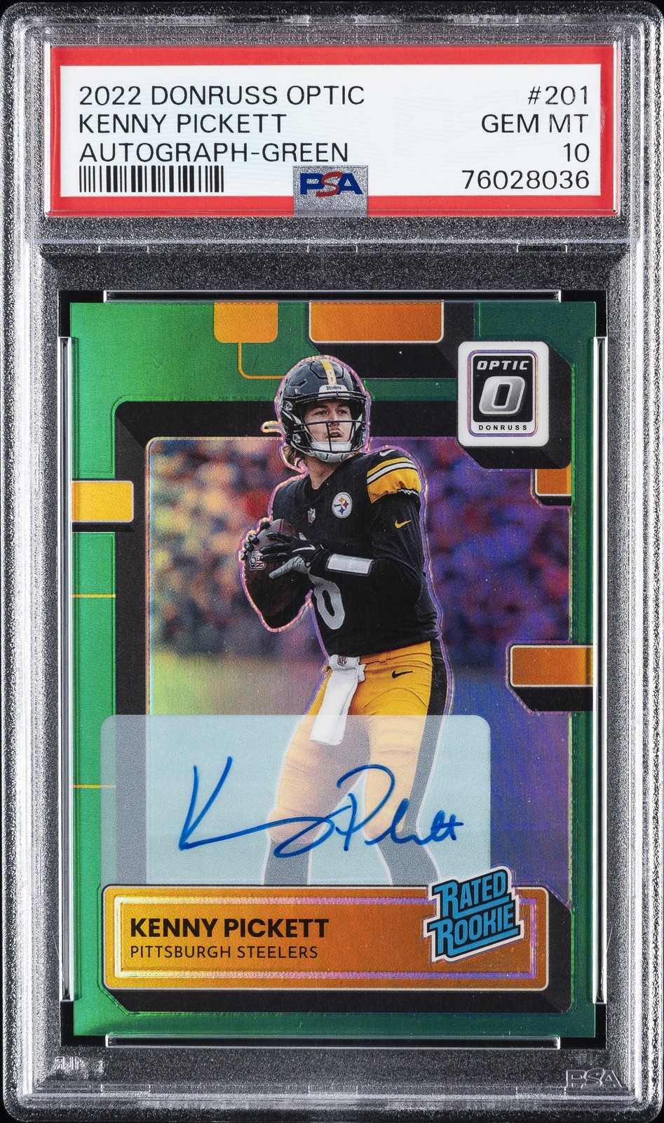 2022 PANINI DONRUSS OPTIC AUTO-GREEN #201 KENNY PICKETT 1/5 PSA 10