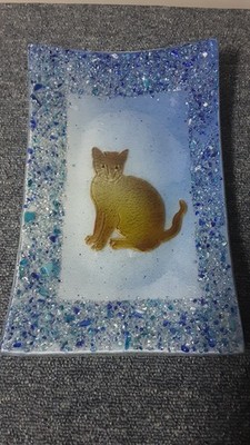 Deko-Akzentteller aus blauem Muranoglas mit Katze - rechteckig, 18 cm /28 cm