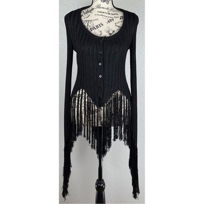 Moschino Black Ribbed Cardigan Sweater long Fringed Sleeve Asymmetrical hem 4 US
