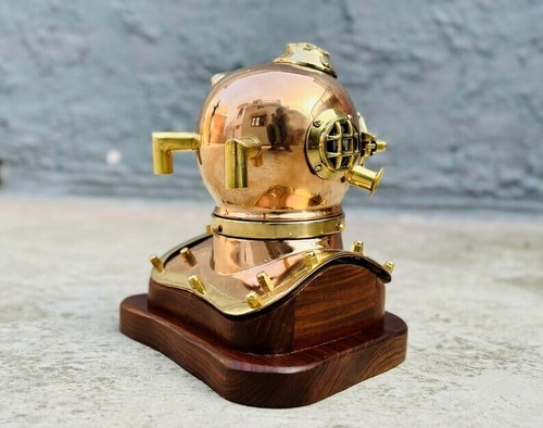 Nautical Diving Helmet 6" Copper Brass Diving Helmet With Wooden Base | US Navy - Picture 11 of 11