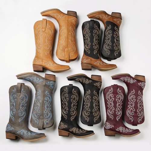 Rollda Women Rodeo Western Cowgirl Boots Snip Toe Pull On Party Dress Tall Boots - Picture 7 of 100