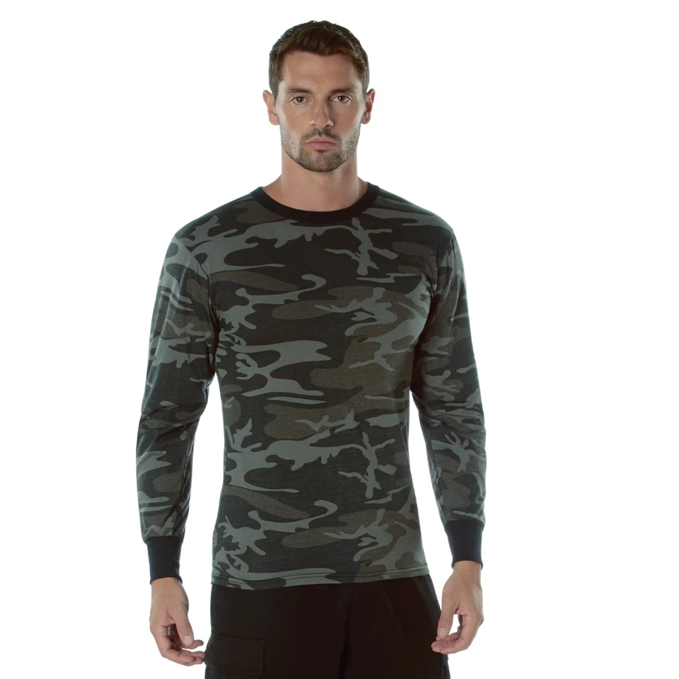 Long Sleeve Shirt Black Camo Tactical Military Hunting Rothco Tee Sizes S-3XL - Image 2 of 4