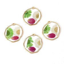 C 8PCS Gold Tone Dried Pressed Flower Resin Irregular Round Pendant GYX2215