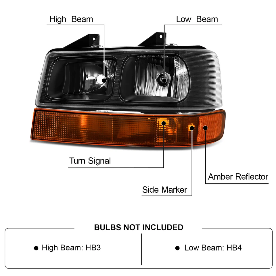 4Pcs Headlights+Turn Signal Lamp Black/Amber For 03-23 Express/Savana 1500-4500  - Image 2 of 4