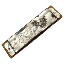 Vintage 1990s Star Toy Harmonica UC 520 Nickel Plated  Wood 4" x 1" Red Edge