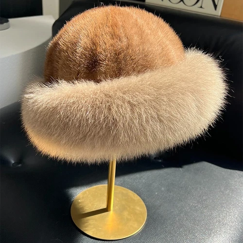 Women's Real Mink Fur Hat Bucket Hat Bowler Hat Warm Cap W Fox Fur Outdoor - Picture 5 of 44