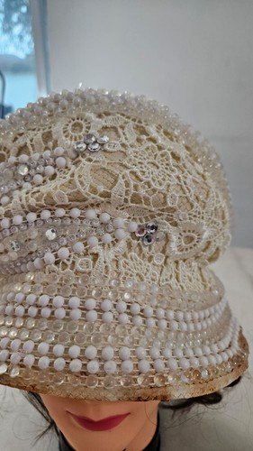 Vintage 1950s J.F.Y. NY Ivory Lace Beaded Bridal Hat w/ Pearls & Sequins – Rare! - Picture 3 of 21