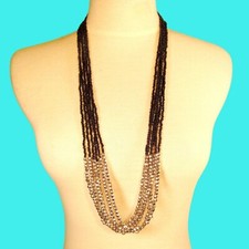 32" Long Multi Strand Black Bohemian Style Handmade Silver Seed Bead Necklace