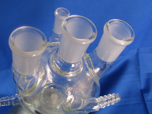 Chemglass 250ml Jacketed 4 neck 24/40 & 10/30 Round Bottom Flask w/ Drain Tube - Picture 7 of 8