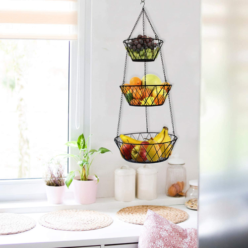 Heavy Duty - 3 Tier Hanging Kitchen Black Fruit Basket - Picture 5 of 6