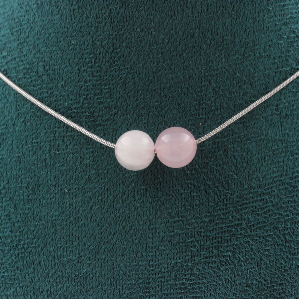 Collier Mit 2 Perlen Rosenquarz 8 Mm Kette Aus Stahl-image
