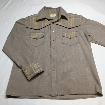 VTG 60s 70s Handmade West Cal 45 Snap Button Plaid Trim Western Shirt Mens Large