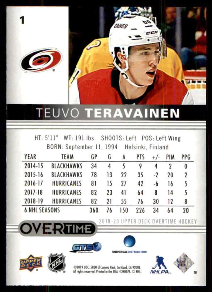 2019-20 Upper Deck Overtime Teuvo Teravainen #1 - Image 2 of 2