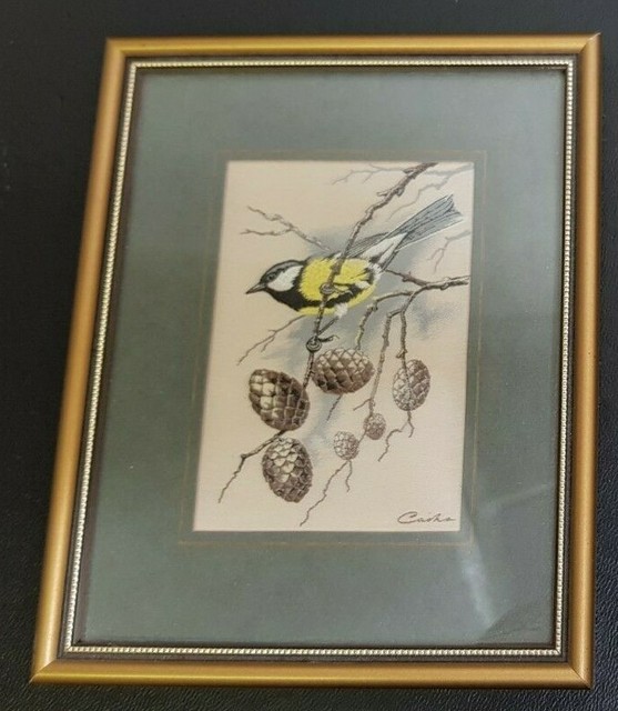 VINTAGE CASHA WOVEN PICTURES FRAMED PICTURE : GREAT TIT 7.5" X 6 VINTAGE CASHA WOVEN PICTURES FRAMED PICTURE : GREAT TIT 7.5" X 6