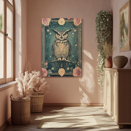 Owl Wall Art Print on Canvas | Tarot Card Earthy Spiritual Celestial Owl Totem - Picture 11 of 13