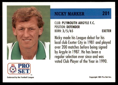 Pro Set Football 1991-1992 Plymouth Argyle Nicky Marker #201 - Picture 2 of 2