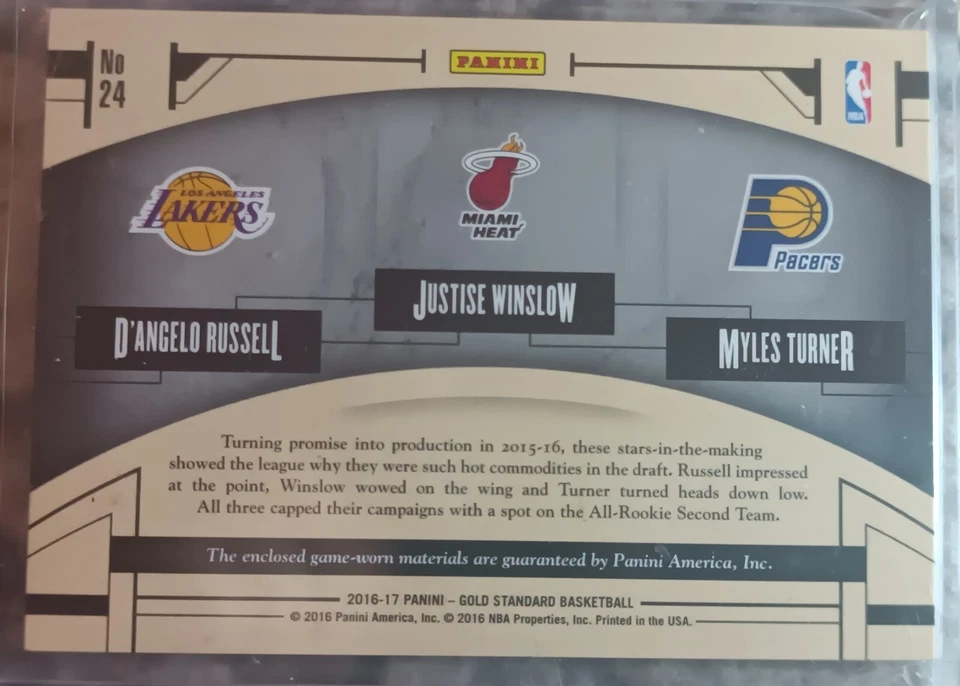 2016-17 D'Angelo Russell Justise Winslow Myles Turner Golden Trios /49 Patch #d - image 3 of 4