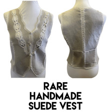 Handmade Suede Crochet Lace Beige/Cream RARE Boho Chic Vest Size Small-EUC