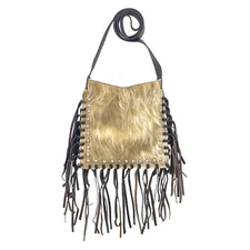 American West Womens Fringed Cowgirl 10in Tan Hair-On Leather Crossbody Bag OS