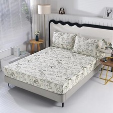 3PCS Leaves Floral Full Fitted Sheet Set, 1 Full Fitted Sheet and 2 Pillowcas...