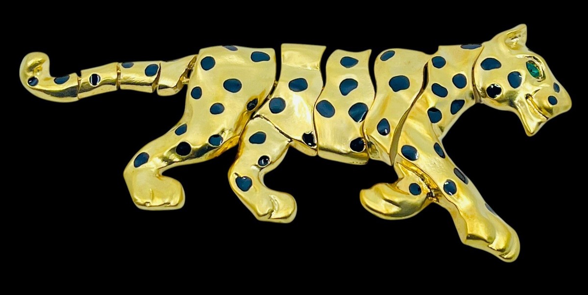 Large Vintage Jaguar Leopard Cat Brooch Pin 1980's Gold Tone Green