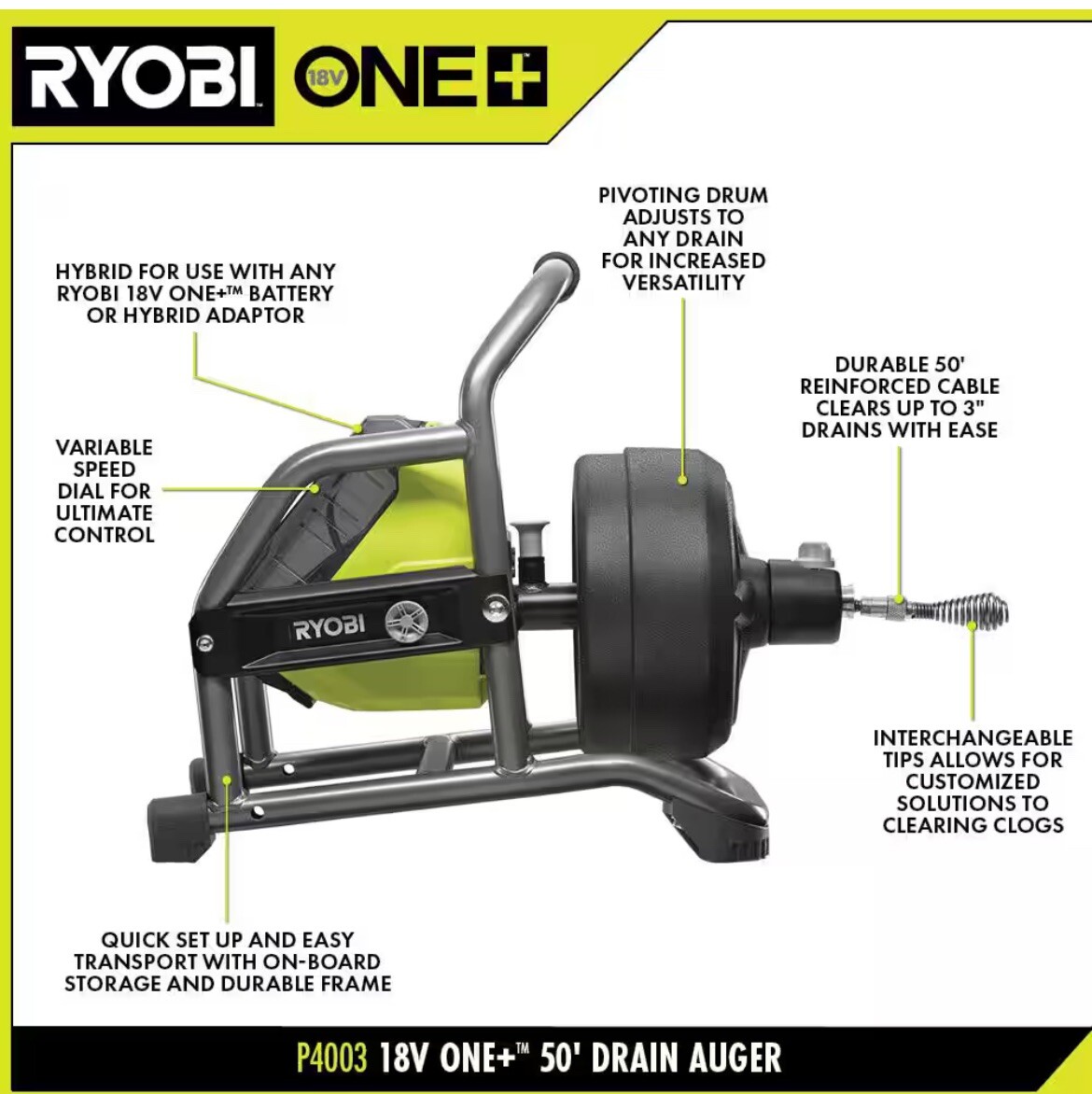 Drain Cleaner Ryobi One Plus Drain Auger 18V ONE+ Hybrid Drain Auger