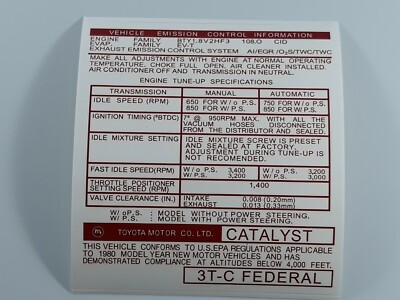 DECAL FITS TOYOTA COROLLA  EMISSION CONTROL SYSTEM INFORMATION 1980