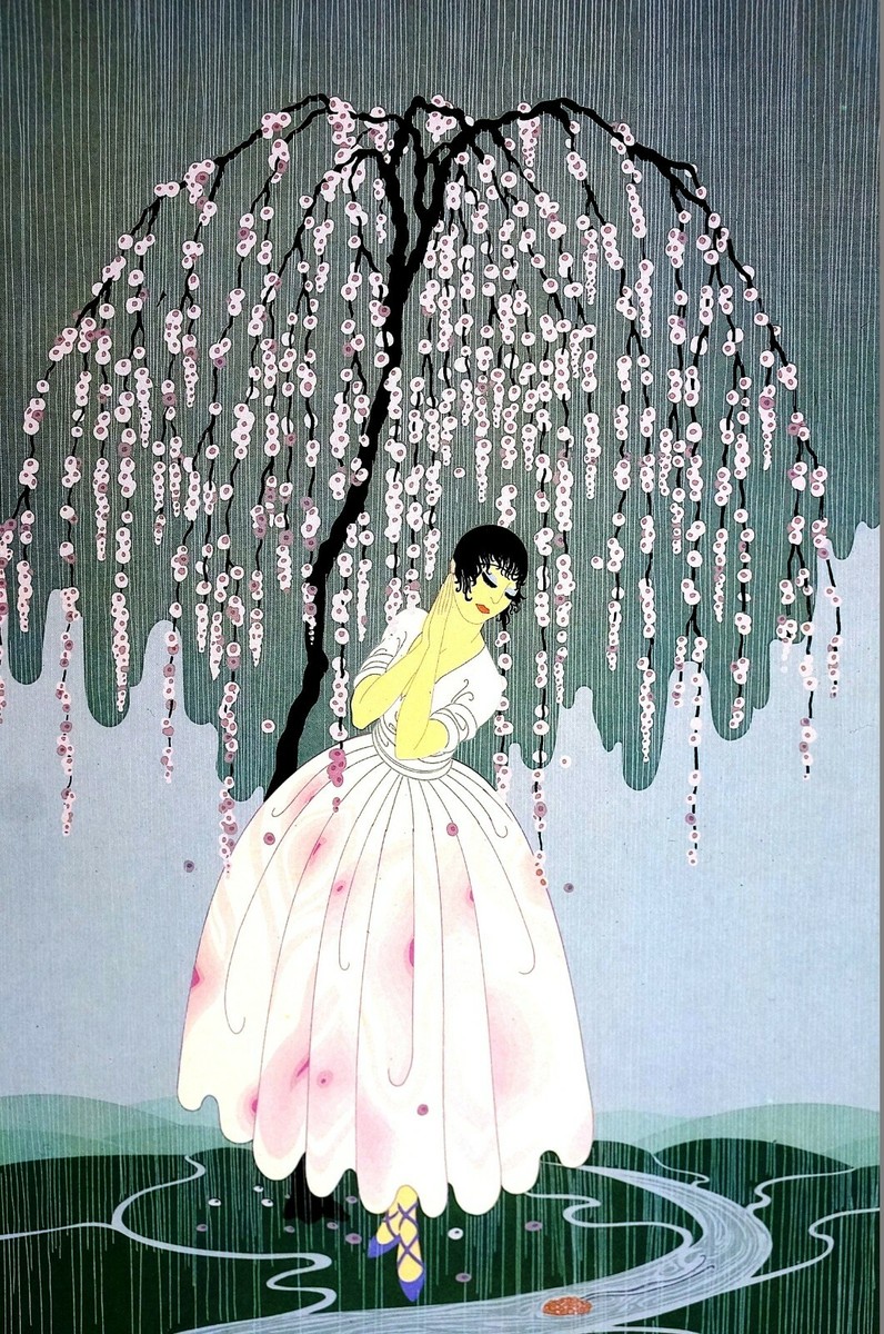 Erte 1982 BLOSSOM UMBRELLA Girl Under Pink Flowering Tree Fashion