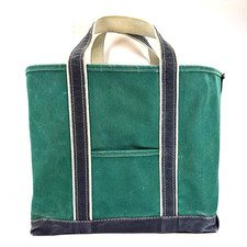 Vintage LL Bean Boat Tote Canvas Bag Green Blue Large Sawtooth Crinkle Tag Maine
