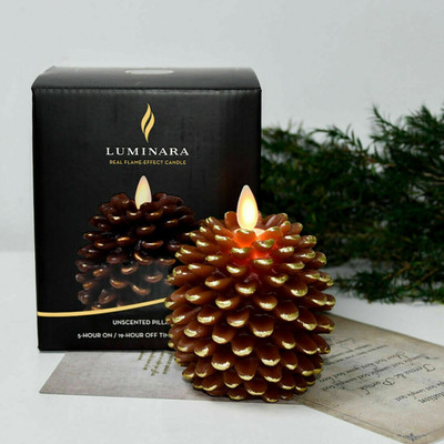 Luminara Flameless LED Pine Cone Wax Candles Light w/Moving Wick Remote Brown