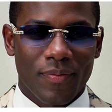 Diamond Rimless Men Sunglasses Blue Lens Rhinestone Accents Square Street Wear