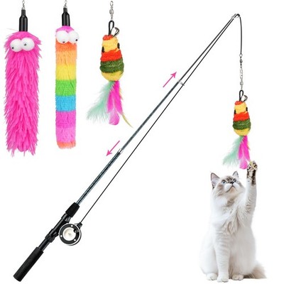 Pawaboo Cat Teaser Wand Toys, Fishing Pole Toy with 3 Pack Plush-Rainbow