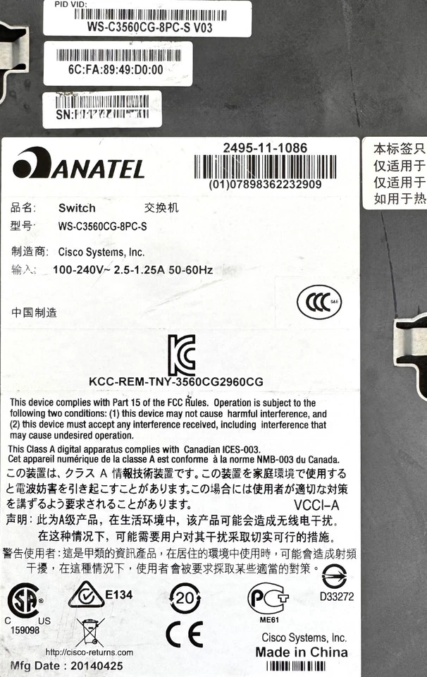 Cisco Catalyst 3560-CG Series WS-C3560CG-8PC-S V03 8-Port PoE+ GbE 2SFP Switch - Image 3 of 3