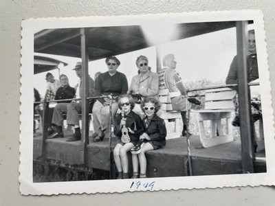 Vintage 1949 Photo Girls White Sunglasses Ukulele Amusement Park Train Ride 95