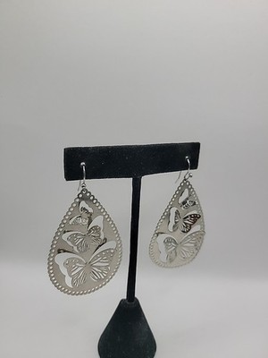 Silver Tone Butterfly Teardrop Dangle Earrings Pierced Accent Cut Out Boho