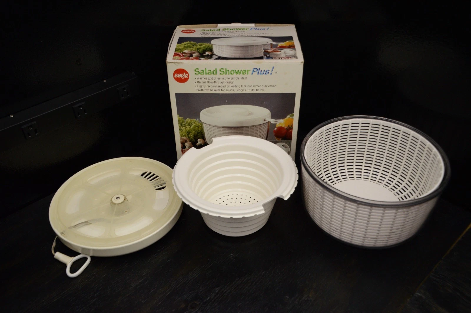 Vtg EMSA 4 Piece Salad Shower Plus Spinner Tag Pull Cord 2 Diff Baskets Germany
Opens in a new windo