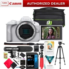 Canon EOS R50 Mirrorless Camera Body White Microphone & Tripod Accessory Bundle