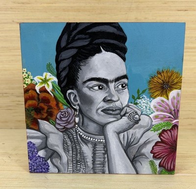 ''Frida Kahlo 2025'' Acrylic On Wood Original Painting 6x6 Monica Hernandez