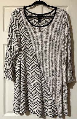 Ali Miles Size 2X Cream/Black Textured Pullover Tunic Patchwork Boho Lagen Look