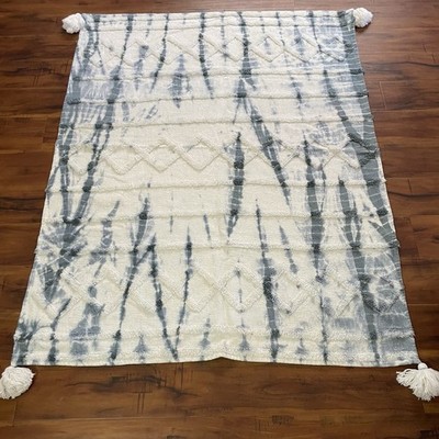 Rachel Zoe Tie Dye Throw Blanket Blue Chenille Tassels Coastal Beach House 52x67