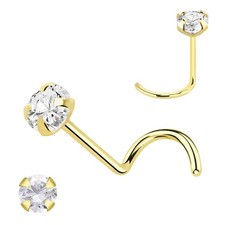 14k Solid Gold 22G Nose Ring Stud Corkscrew CZ Piercing Jewelry Sold Individual