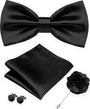 Solid Color Bow Tie and Pocket Square with Lapel Pin Cufflinks Set 4PCS