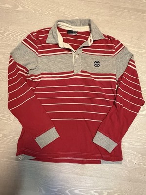 Sergio Tacchini Langarm-Polo   Rot/Grau gestreift   Vintage Look   Gr. M