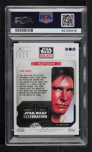2023 Topps Star Wars Galaxy Europe Celebration Han Solo #3 PSA 10 GEM MT 15bk - Zdjęcie 2 z 3