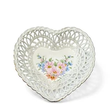 Vintage Ramex Bone China Floral Woven Heart Basket Trinket Dish