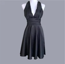 Vintage Satin Flare Dress Marilyn Halter Style Deep V-neck Backless Black XS