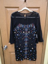 Anthropologie Dress Womens 0 Black Crochet Bell Sleeve Embroidered Floral Shift